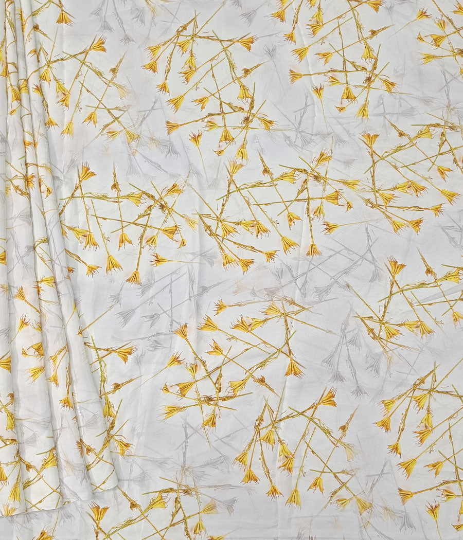 White and Orange Floral Printed Crepe Saree