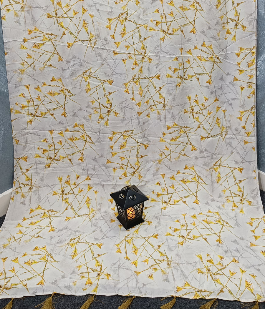White and Orange Floral Printed Crepe Saree