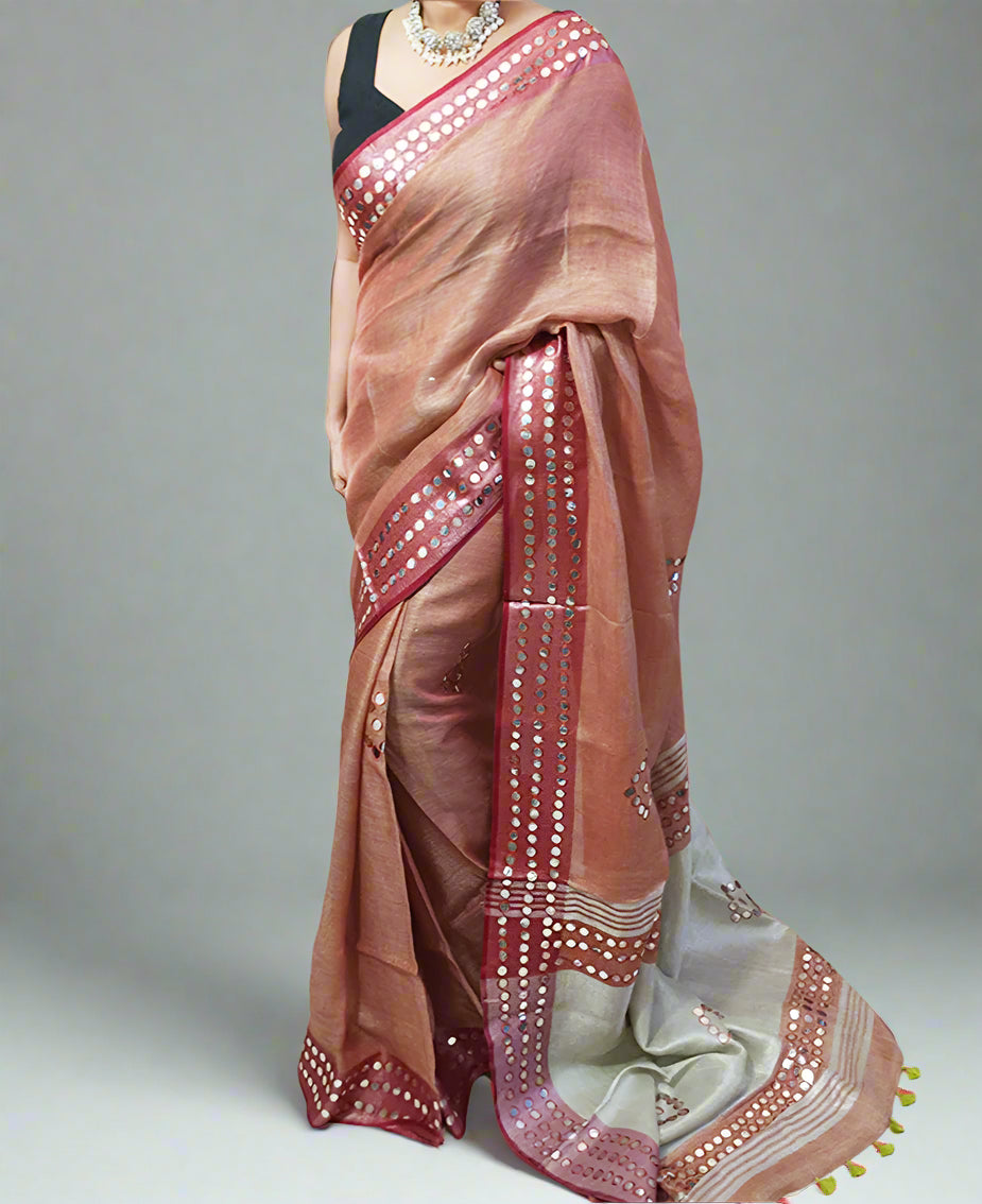 Wine Mirror Embroidered Linen Saree