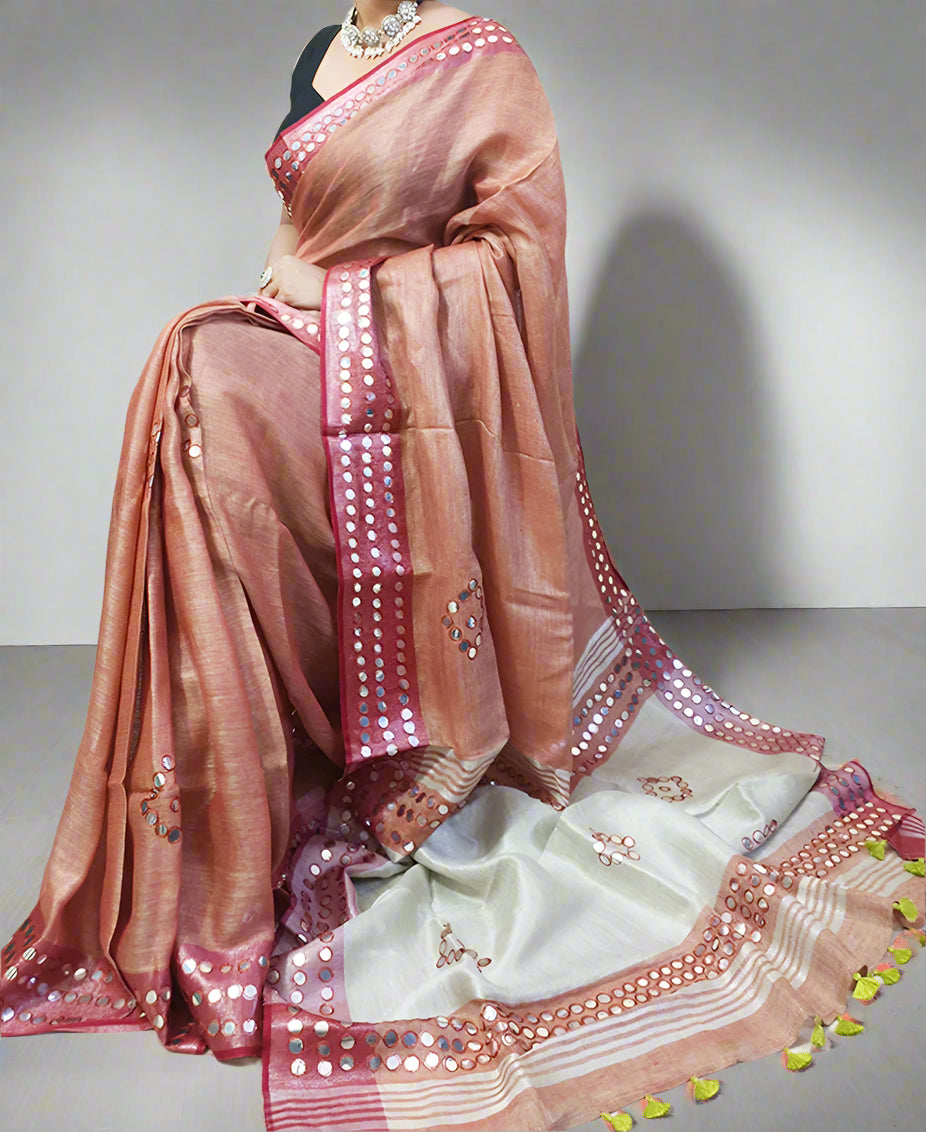Wine Mirror Embroidered Linen Saree