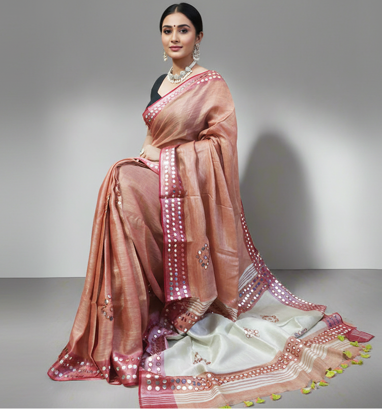 Wine Mirror Embroidered Linen Saree