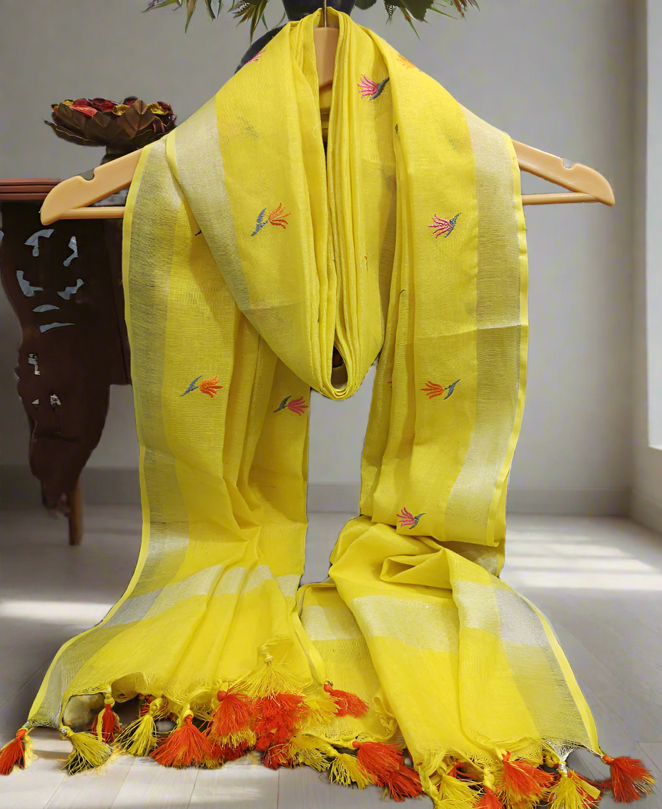Yellow Embroidered Linen Dupatta