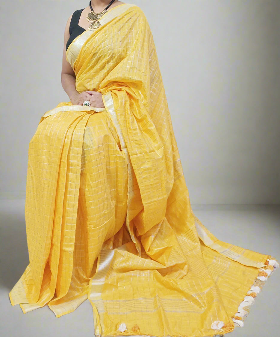 Yellow Handloom Pure Linen Saree