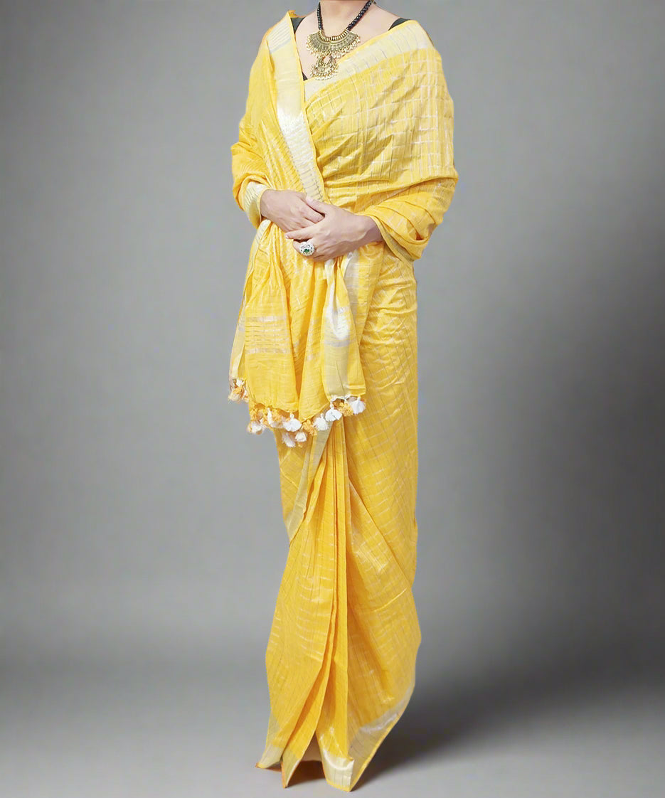 Yellow Handloom Pure Linen Saree