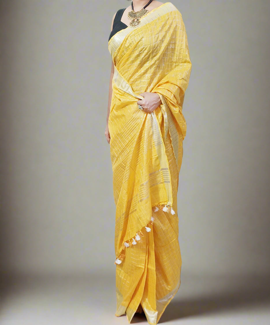 Yellow Handloom Pure Linen Saree