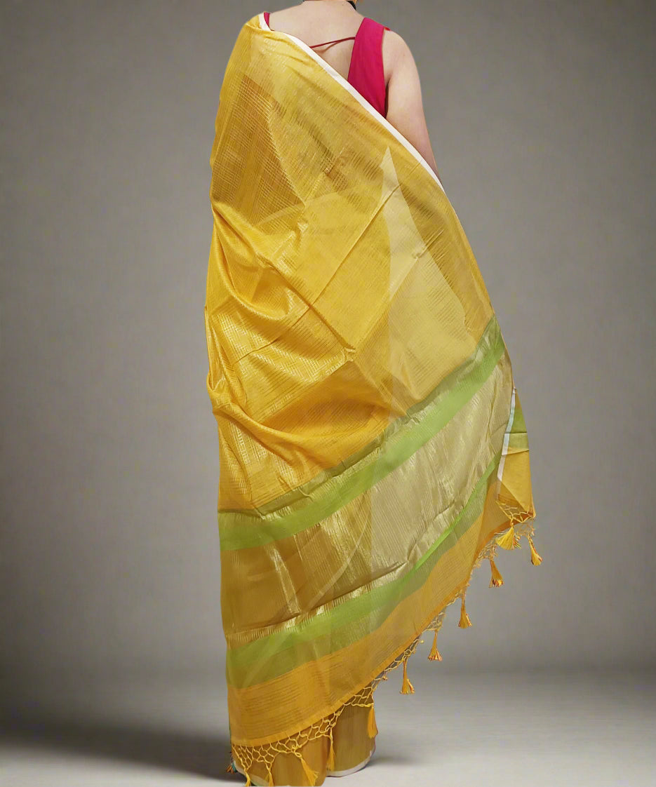 Yellow Zari Checkered Poly Silk Saree