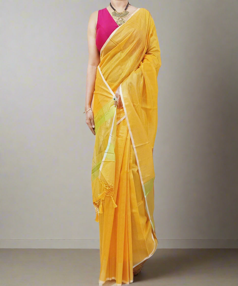 Yellow Zari Checkered Poly Silk Saree