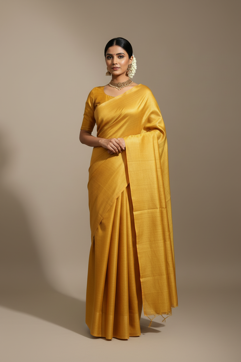 Yellow Pure Desi Tussar Plain Silk Saree