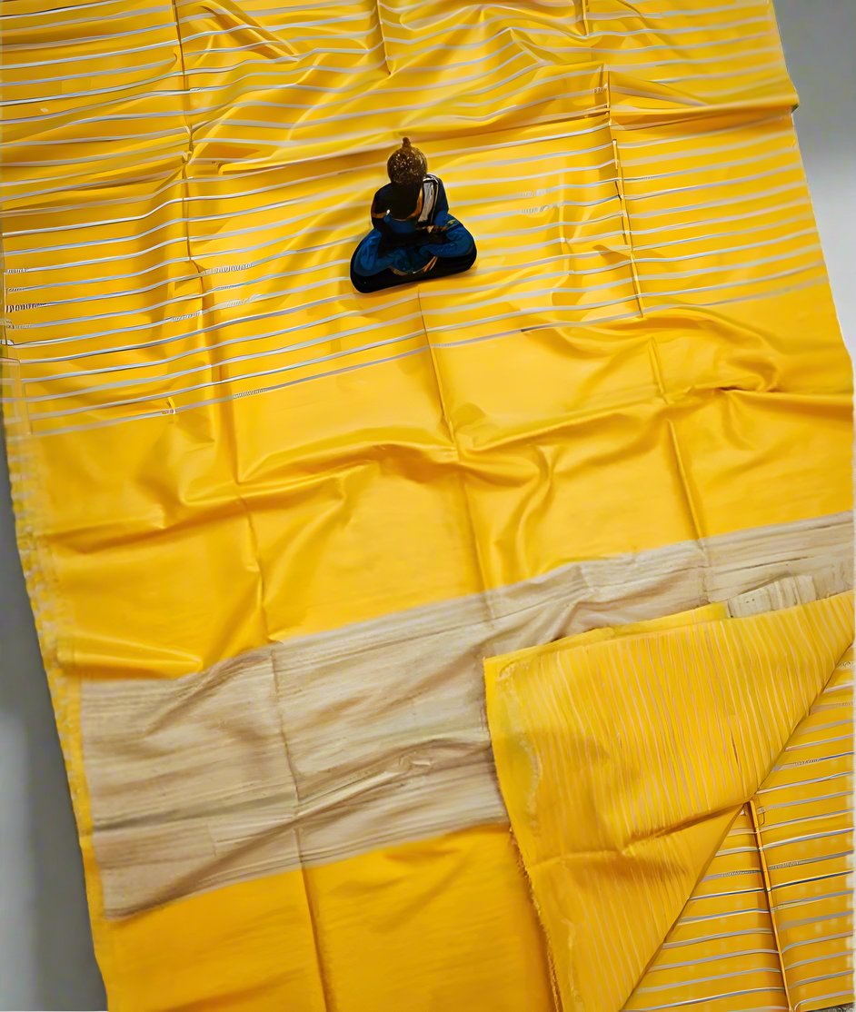 Yellow Striped Tusser Ghicha Silk Saree |Peepal Clothing