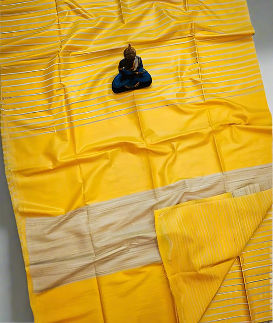 Yellow Striped Tusser Ghicha Silk Saree |Peepal Clothing