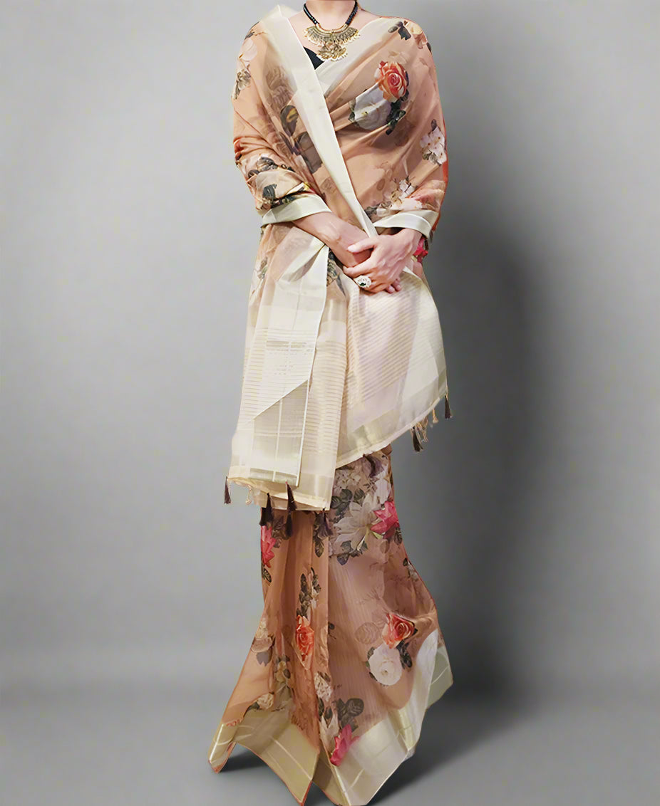 Zari Border Floral Printed Organza Saree