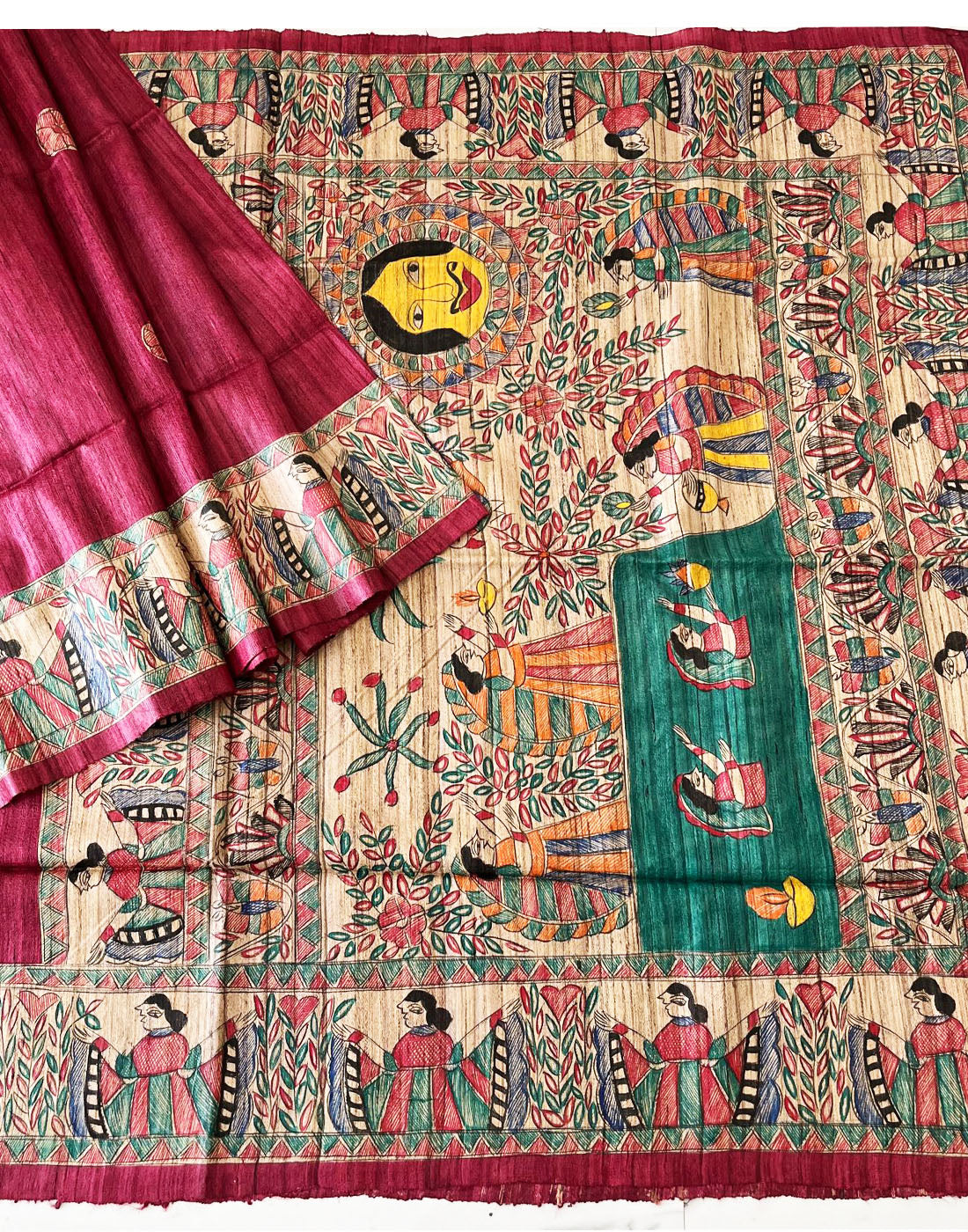 Madhubani Hand Painted Ghicha Silk Saree Depicting Chhath Festival