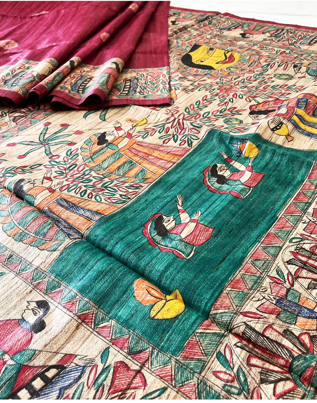 Madhubani Hand Painted Ghicha Silk Saree Depicting Chhath Festival