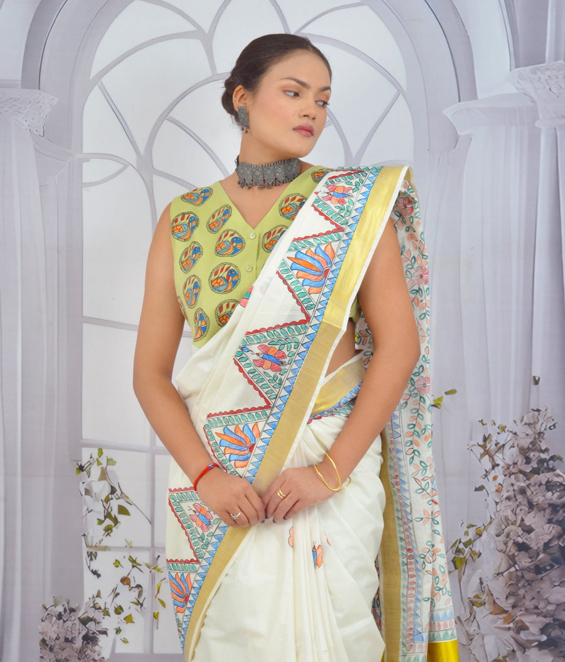 Pista Green Madhubani Hand Painted Woman’s Cotton Waistcoat