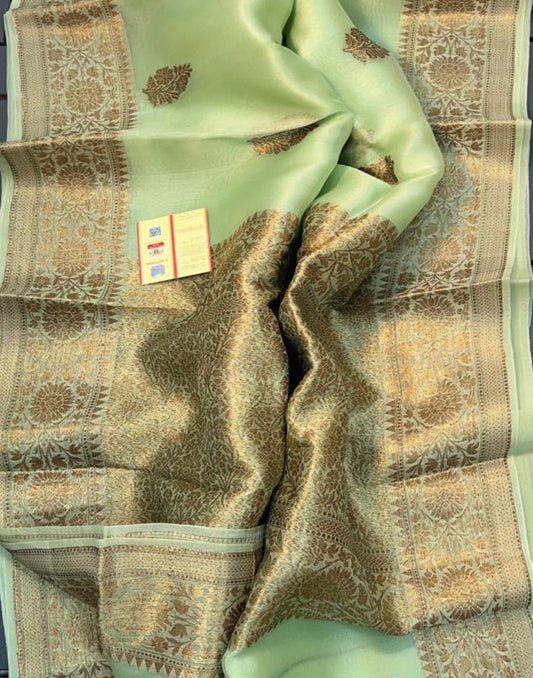 Banarasi Pure Khaddi Organza Silk Saree Featuring Floral Weaved Motif | Peepal Clothing