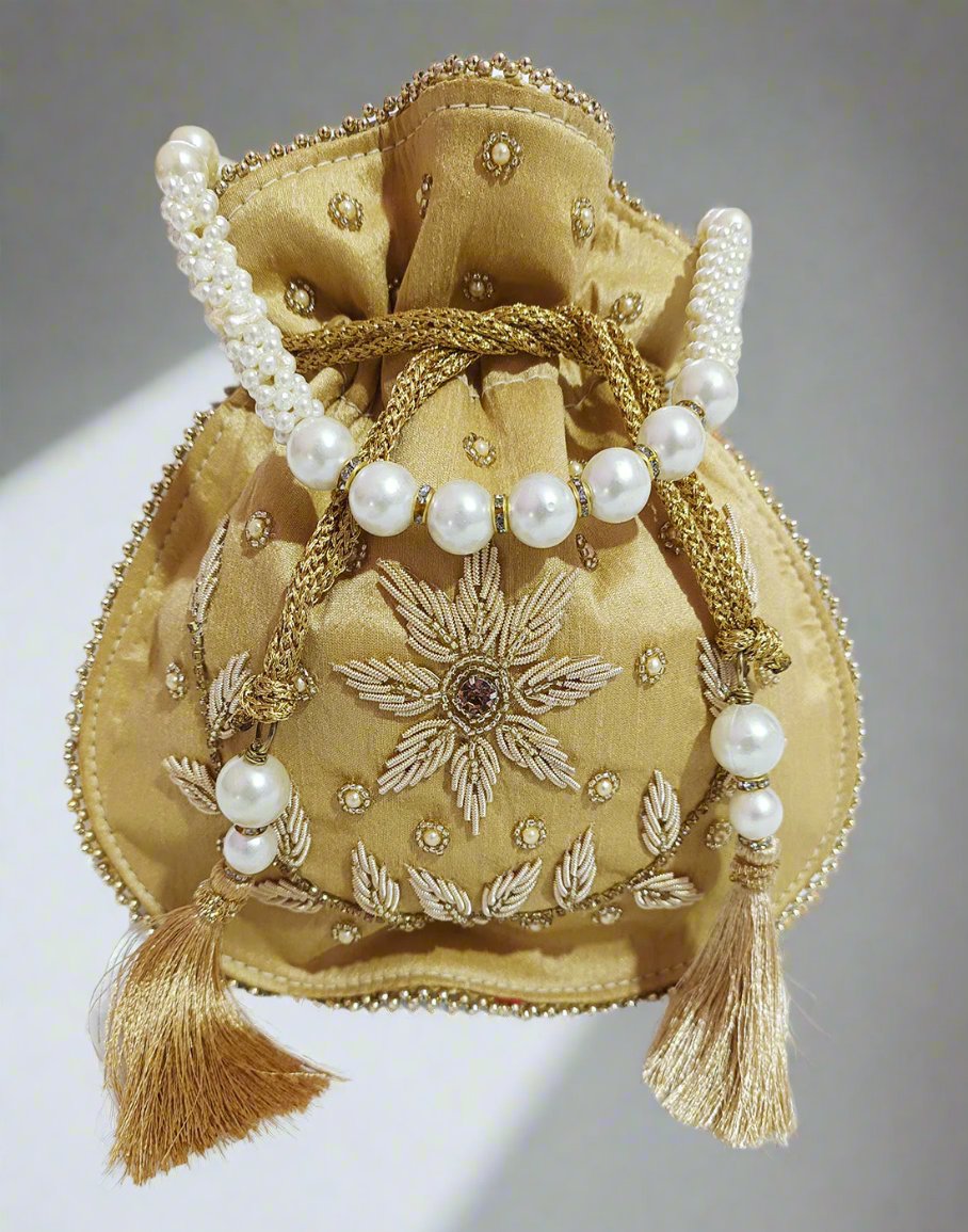 Beige Hand Embroidered Potli | Peepal Clothing