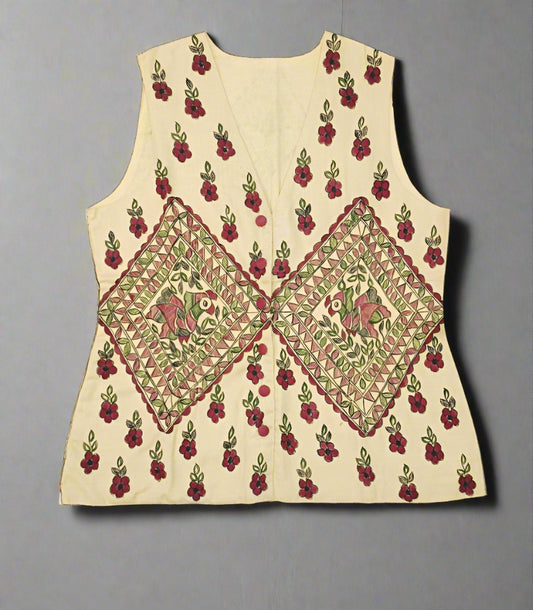 Beige Madhubani Hand Painted Cotton Women's Waistcoat | Peepal Clothing