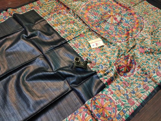 Black Chakra Painted Madhubani Ghicha Tussar Silk Saree | Peepal Clothing