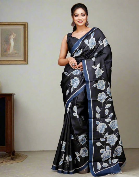 Black Floral Motif Kalamkari Silk Saree| Peepal Clothing