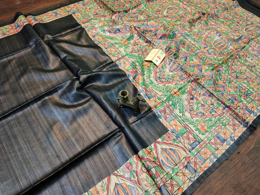 Black Floral Painted Madhubani Ghicha Tussar Silk Saree | Peepal Clothing