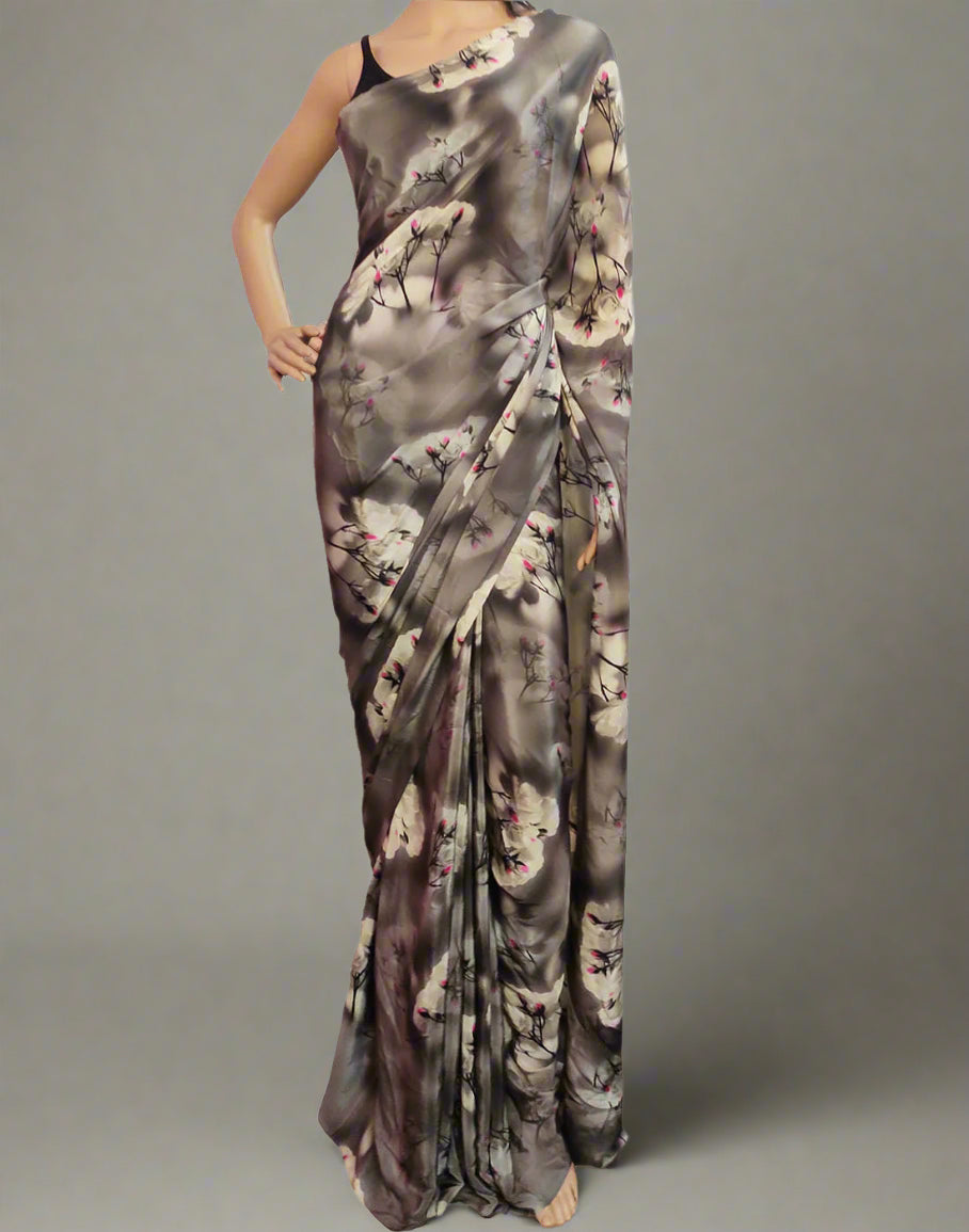 Black Floral Printed Crepe Saree | Peepal Clothing