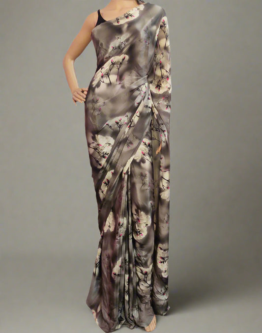 Black Floral Printed Crepe Saree | Peepal Clothing