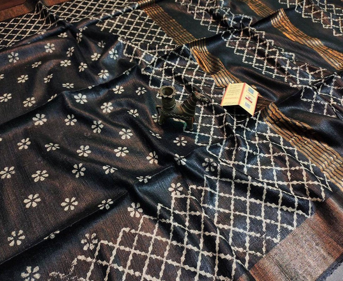 Black Floral Printed Tussar Ghicha Silk Saree with Zari Border | Peepal Clothing