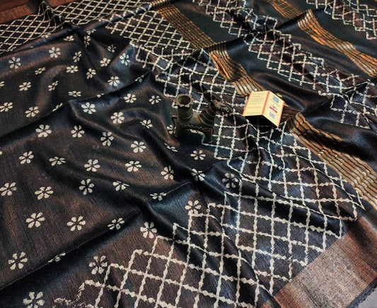 Black Floral Printed Tussar Ghicha Silk Saree with Zari Border | Peepal Clothing