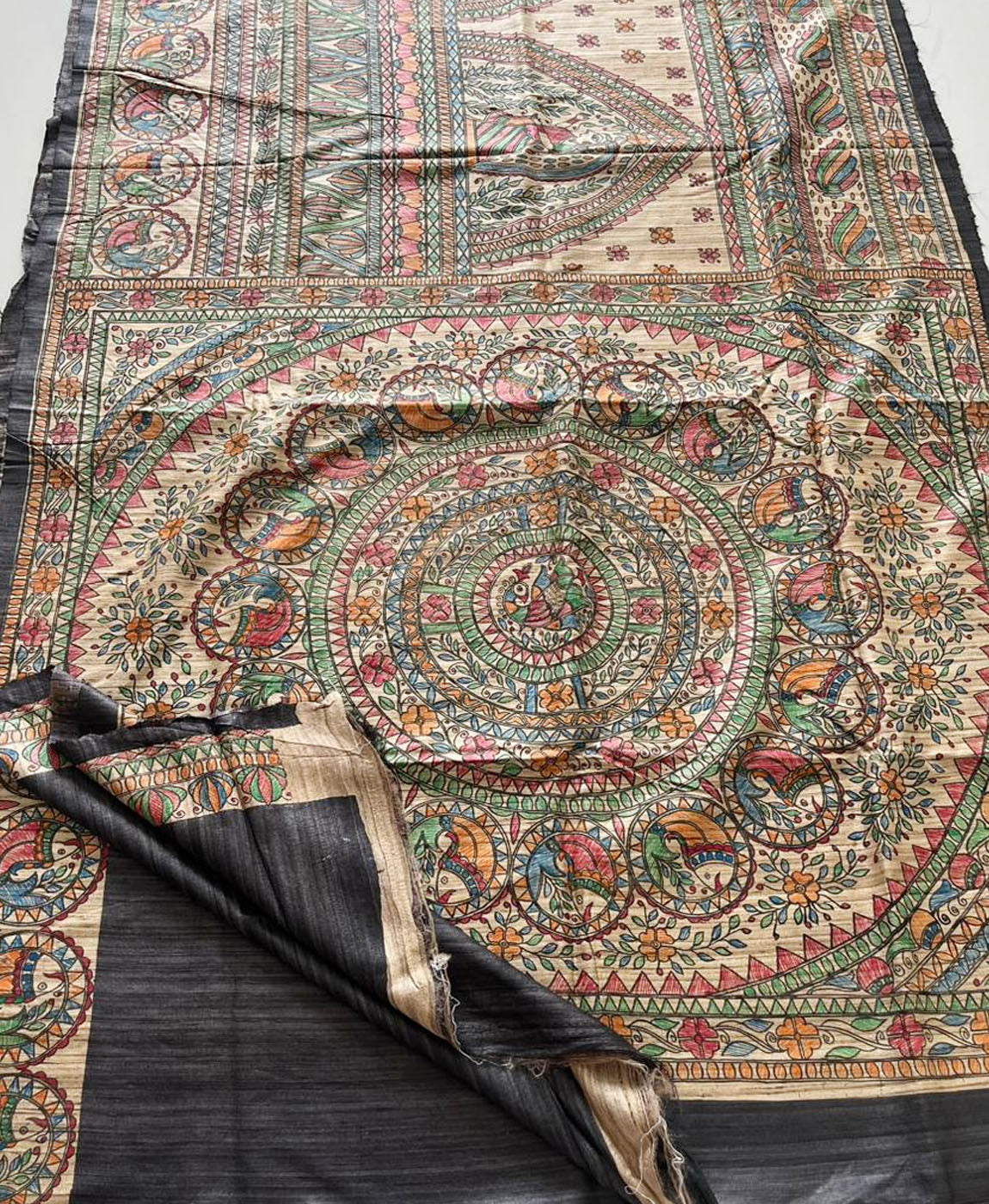 Black Half and Half Madhubani Hand Painted Pure Tussar Ghicha Silk Saree | Peepal Clothing