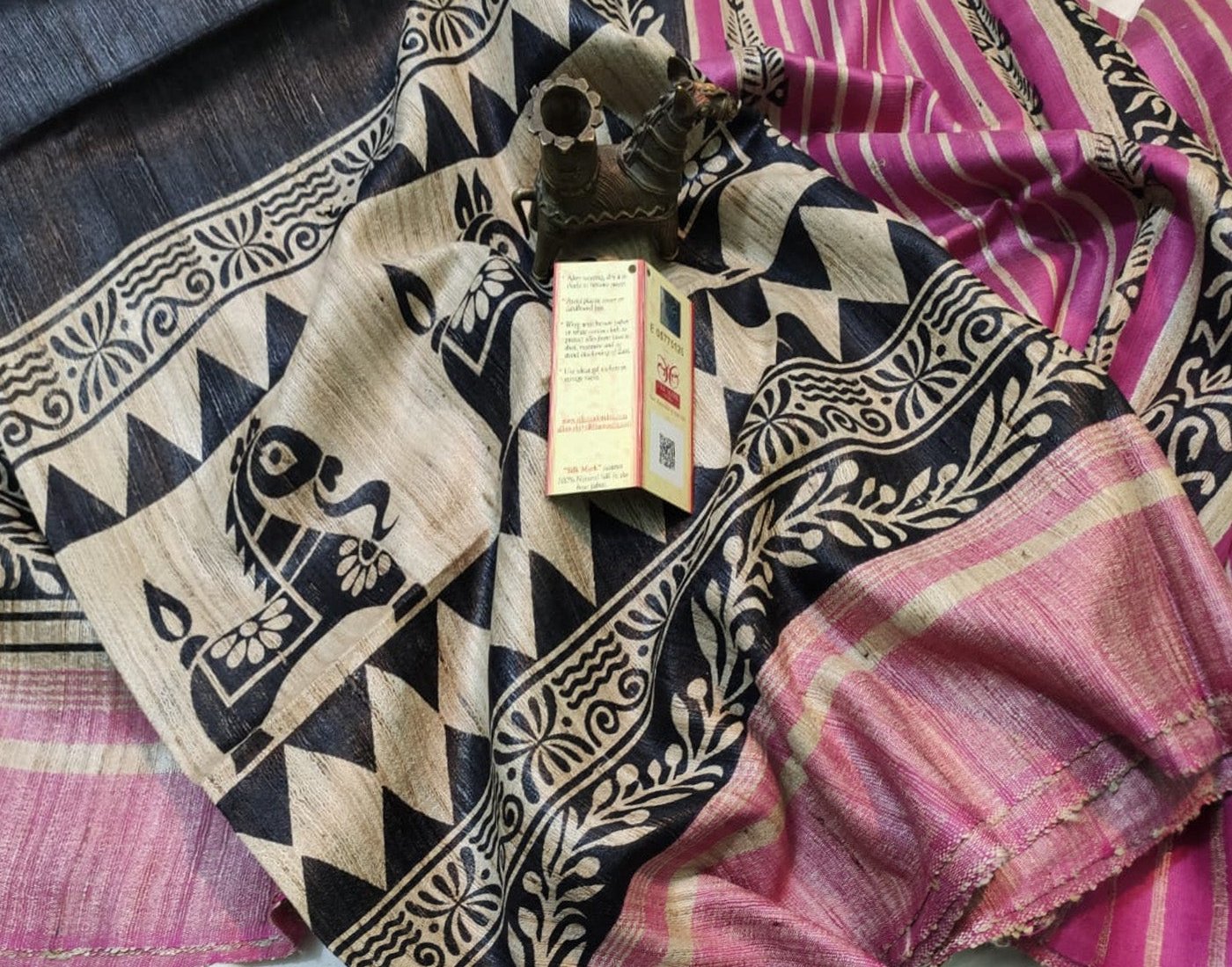 Black Horse Printed Tussar Ghicha Silk Saree| Peepal Clothing