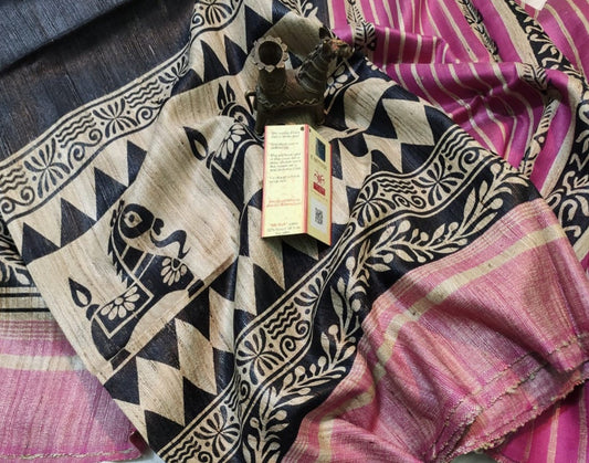 Black Horse Printed Tussar Ghicha Silk Saree| Peepal Clothing