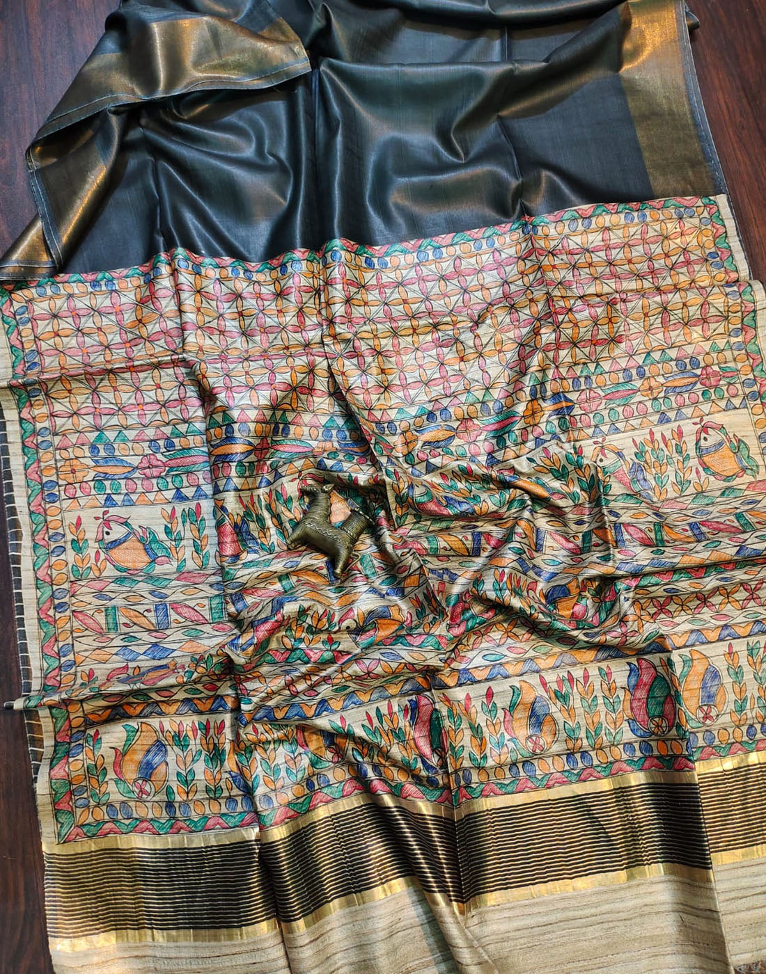 Black Madhubani Hand Painted Geometrical Pallu Tussar Ghicha Silk Saree
