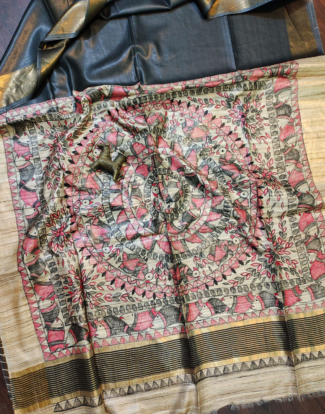 Black Madhubani Hand Painted Pallu Tussar Ghicha Silk Saree