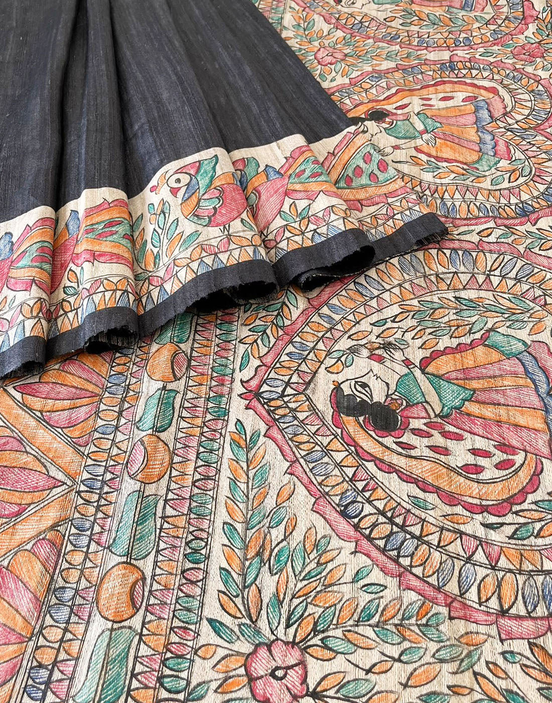 Black Madhubani Hand Painted Tussar Ghicha Silk Saree | Peepal Clothing