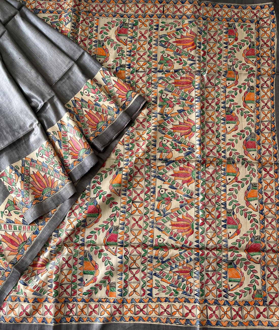 Black Madhubani hand painted Ghicha Tussar Silk Saree |Peepal Clothing