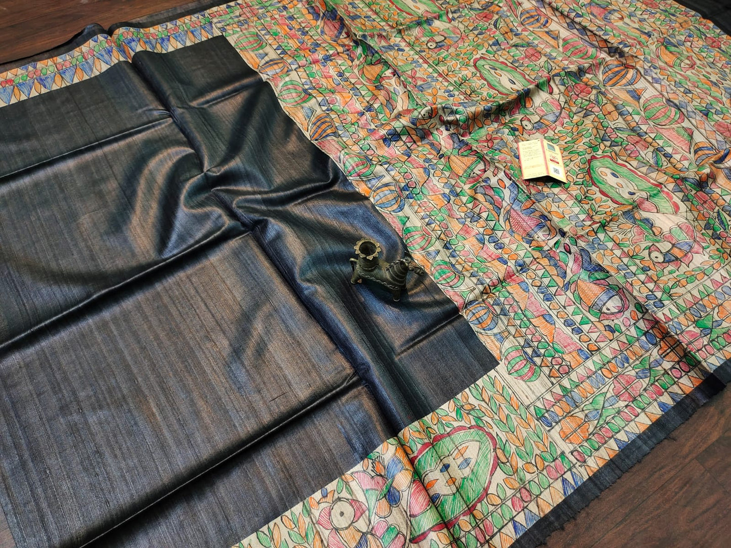 Black Peacock Painted Madhubani Ghicha Tussar Silk Saree | Peepal Clothing
