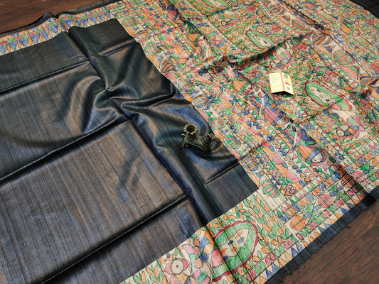 Black Peacock Painted Madhubani Ghicha Tussar Silk Saree | Peepal Clothing