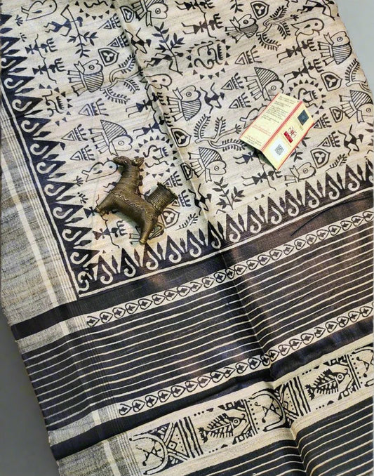 Black Printed Tussar Ghicha Silk Saree| Peepal Clothing