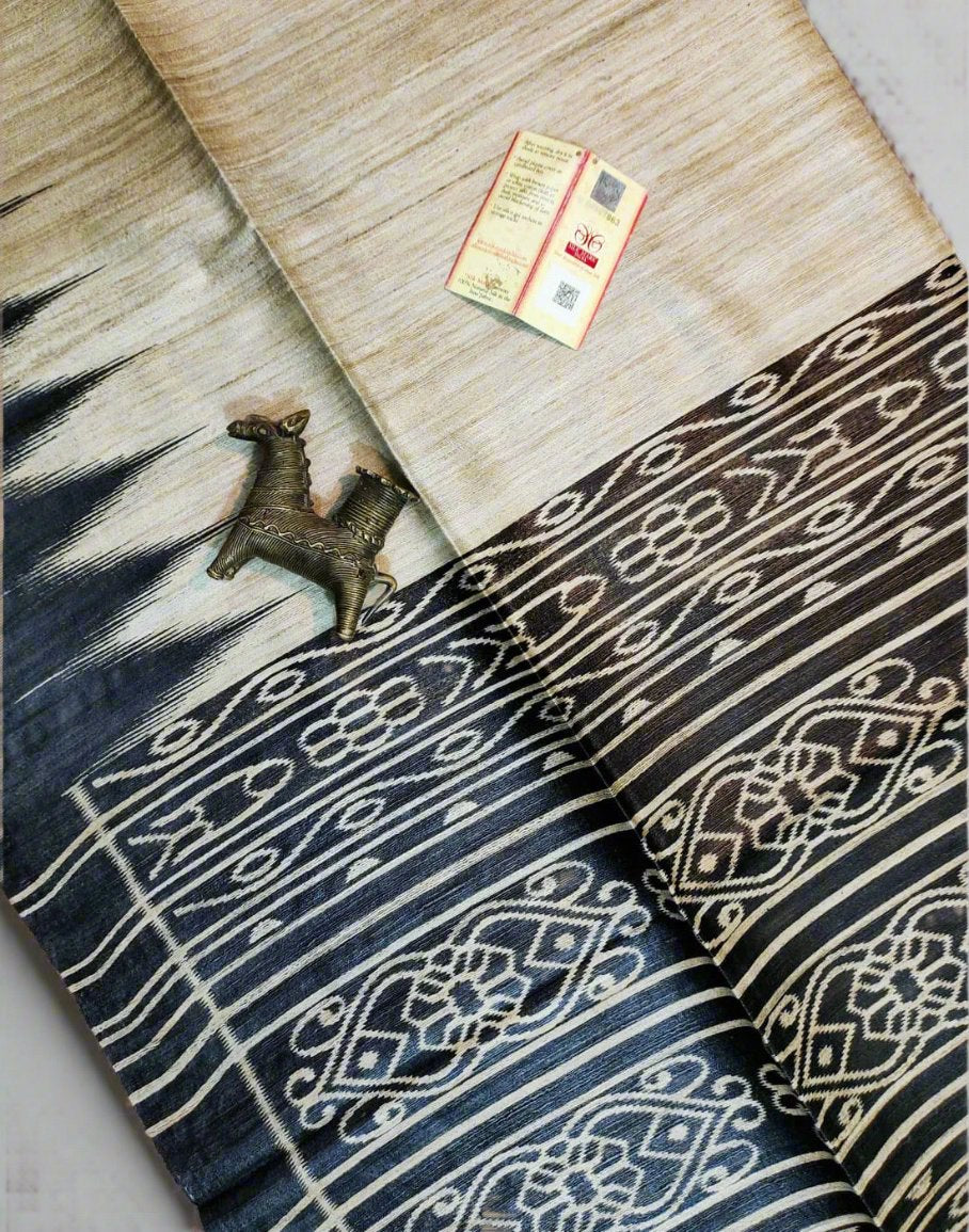 Black Tussar Ghicha Ikkat Printed Silk Saree| Peepal Clothing