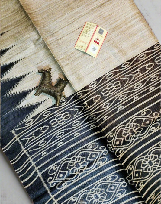 Black Tussar Ghicha Ikkat Printed Silk Saree| Peepal Clothing