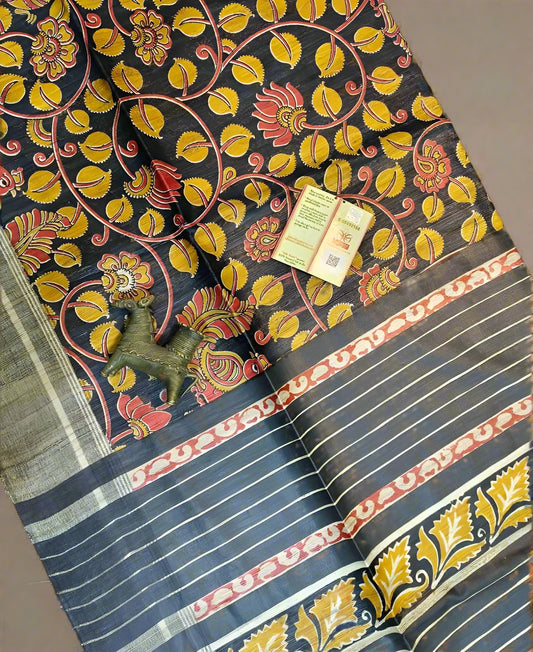 Black and Mustard Floral Printed Tussar Ghicha Silk Saree| Peepal Clothing