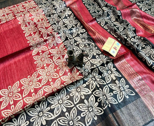 Black and Red Floral Printed Tussar Ghicha Silk Saree with Zari Border | Peepal Clothing