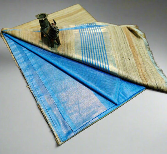 Blue-Natural Korean Tussar Ghicha Silk Saree| Peepal Clothing