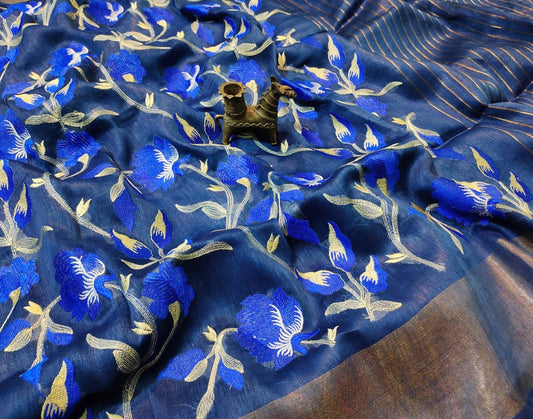 Blue Embroidered Silk Linen Saree|Peepal Clothing