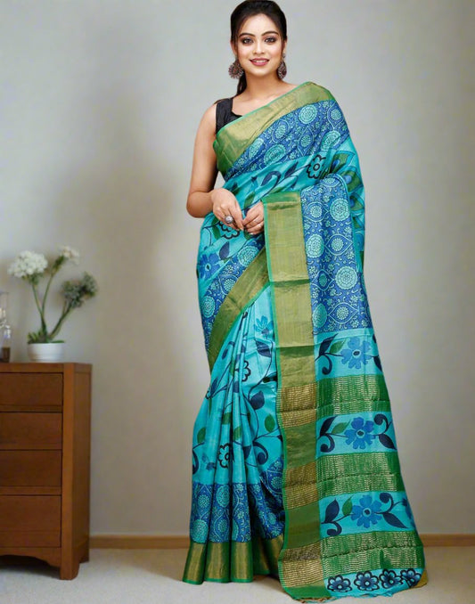 Blue Floral Motif Kalamkari Silk Saree| Peepal Clothing
