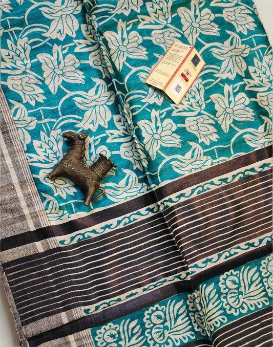 Blue Floral Printed Tussar Ghicha Silk Saree| Peepal Clothing