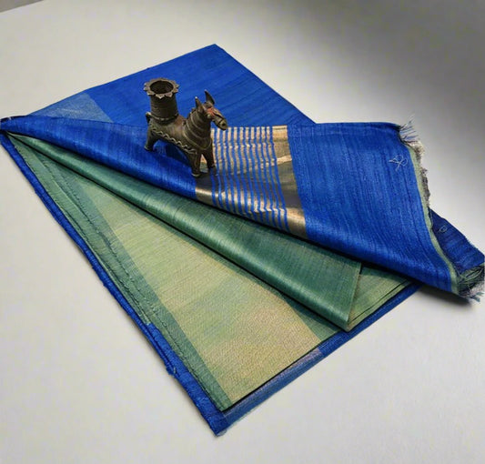 Blue Korean tussar ghicha pallu saree with staple body and Zari border| Peepal Clothing