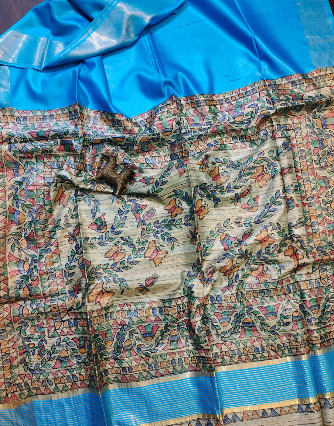 Blue Madhubani Hand Painted Flora Pallu Tussar Ghicha Silk Saree
