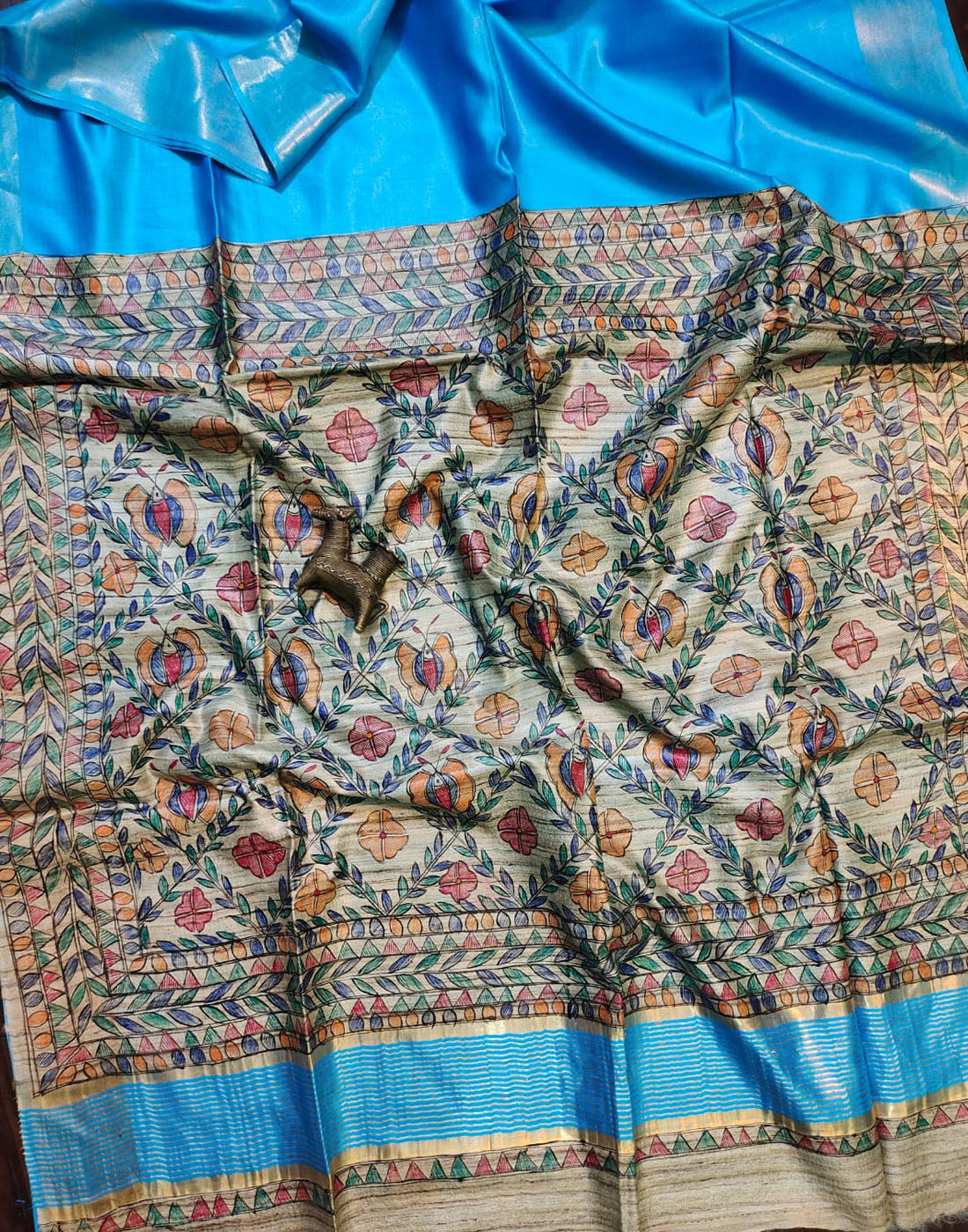 Blue Madhubani Hand Painted Geometrical Floral Pallu Tussar Ghicha Silk Saree