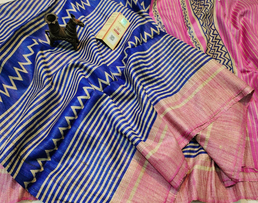 Blue Printed Tussar Ghicha Silk Saree| Peepal Clothing